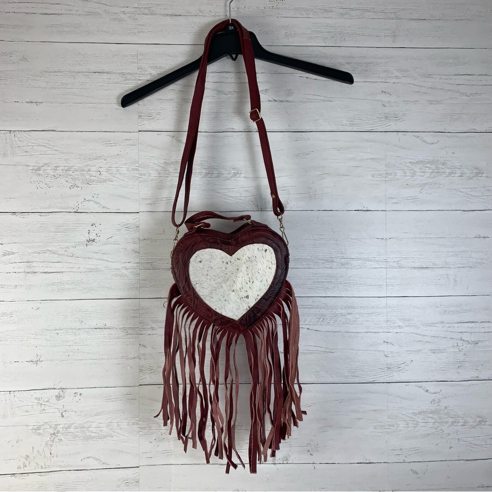 New Handmade Cowhide & Leather heart shaped Purse burgundy embossed fringed